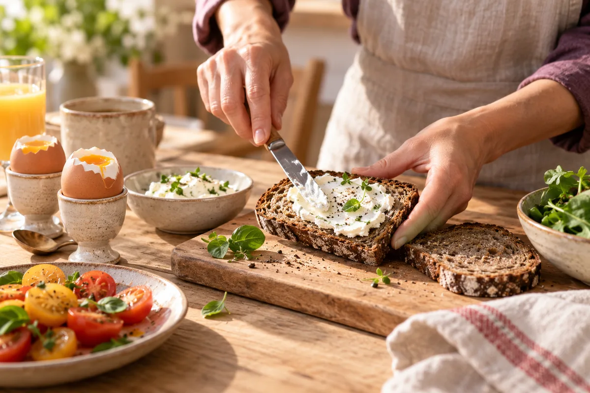 Mains tartinant une tranche de pain de seigle de fromage frais sur une planche, petit-déjeuner équilibré