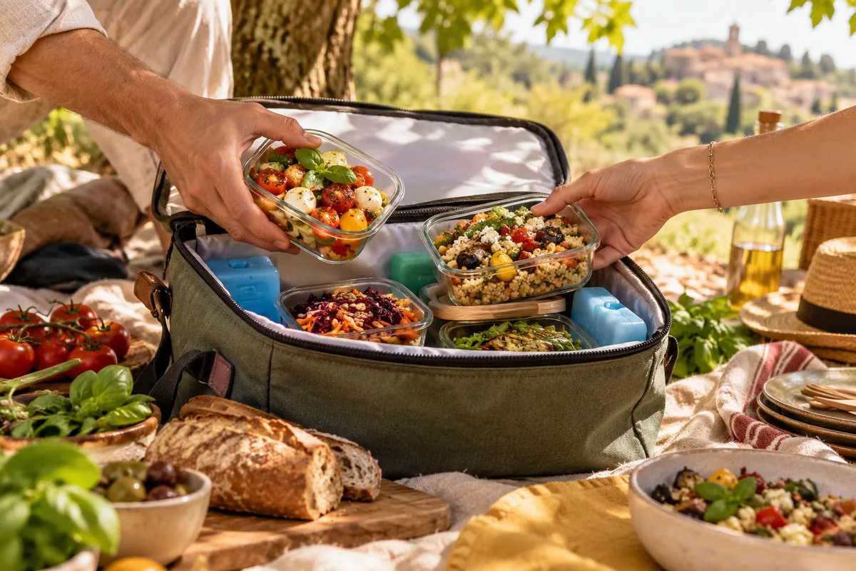 Mains sortant des boîtes de salades d’une glacière souple posée à l’ombre d’un arbre, pique-nique