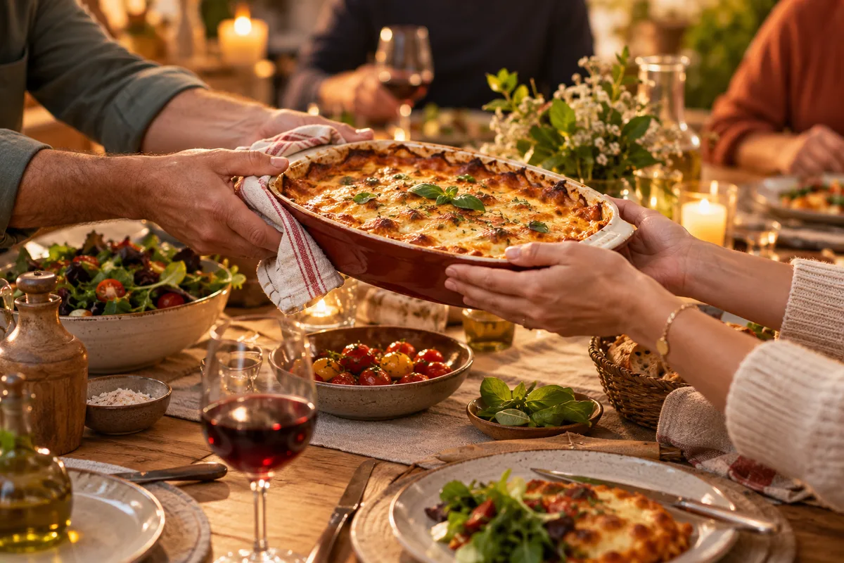 Mains passant un plat de gratin d’une personne à l’autre autour d’une table familiale chaleureuse, repas convivial