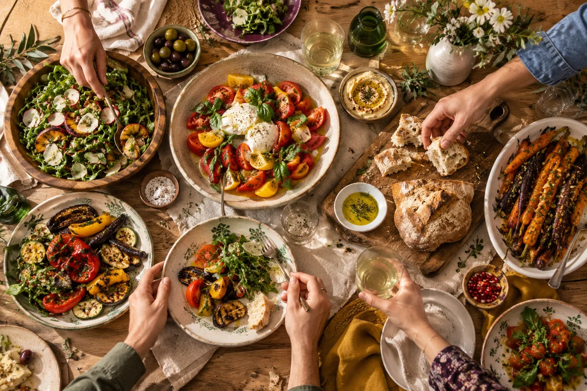 Vue du dessus d’une table garnie de plats à partager, repas convivial