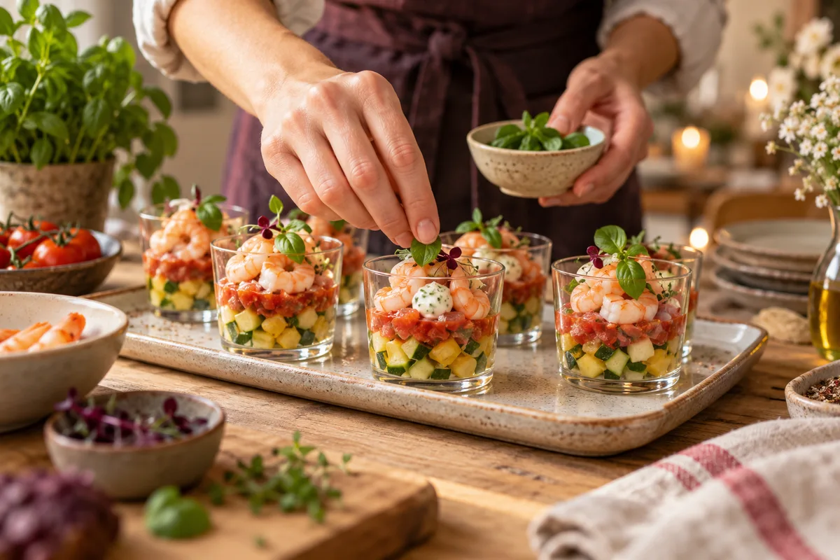 Mains garnissant des verrines d’entrée de légumes et de crevettes alignées sur un plateau, repas de fête