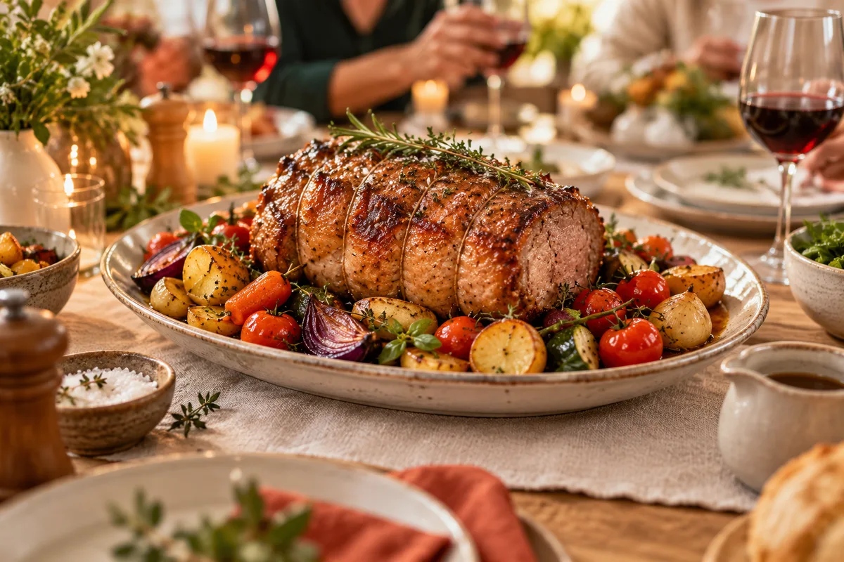 Rôti doré entouré de légumes glacés présenté dans un grand plat au centre d’une table festive, repas de fête
