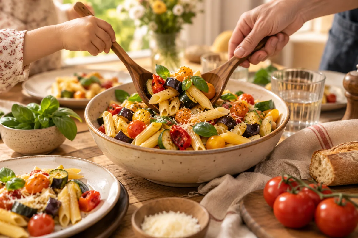 Mains d’enfant et d’adulte se servant ensemble dans un saladier de pâtes aux légumes, repas en famille