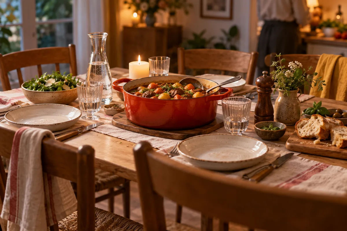 Table du soir dressée pour quatre avec bougie, repas en famille