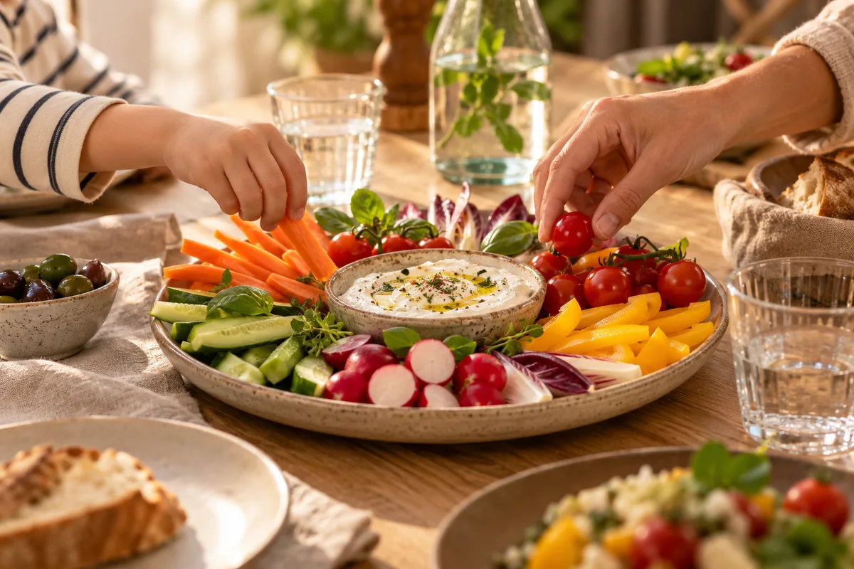 Mains d’enfant et d’adulte partageant une assiette de crudités autour d’une table, repas sans écran