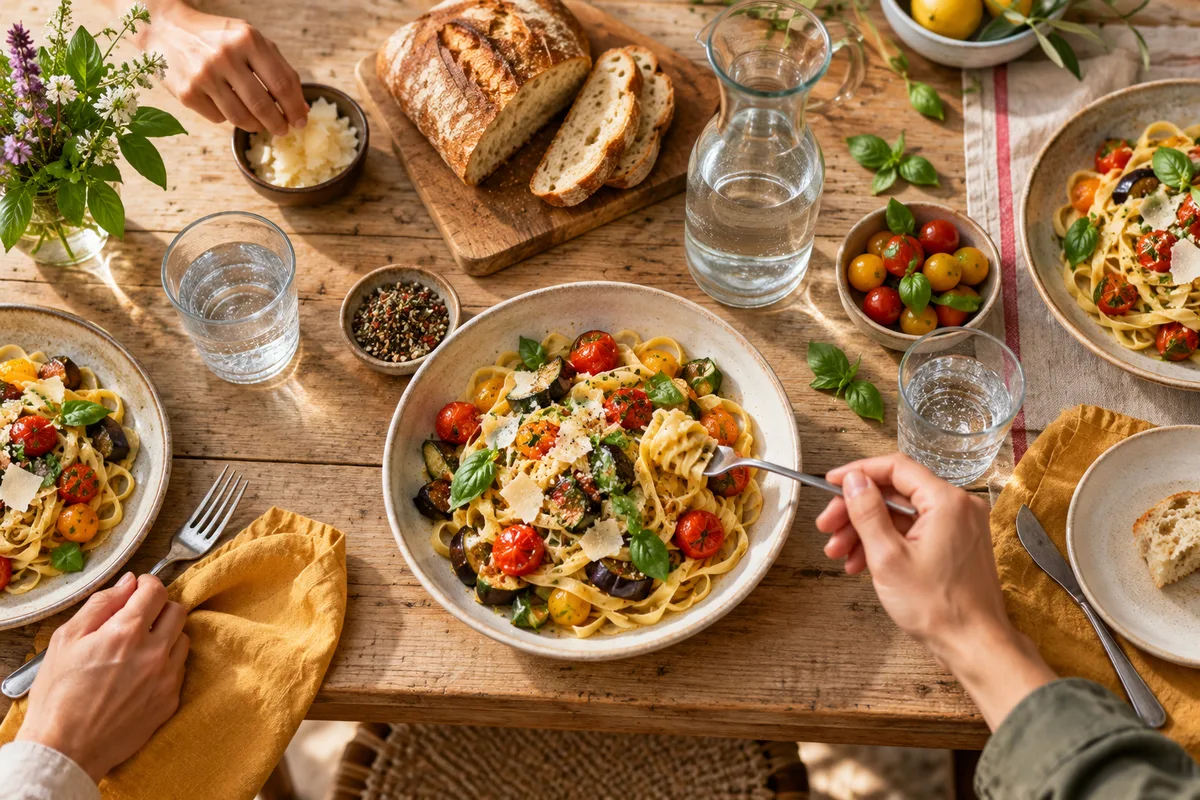Vue du dessus d’une table dressée avec assiettes de pâtes aux légumes, repas sans écran