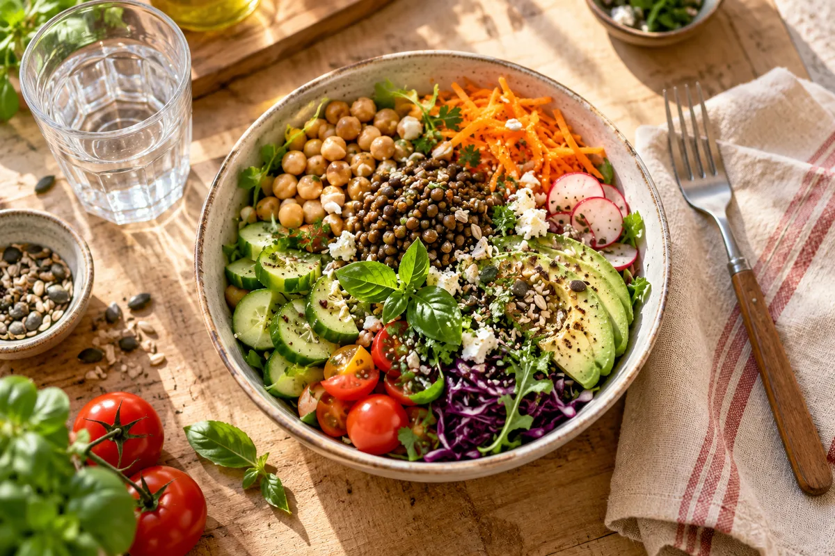 Bol de salade composée riche en légumineuses, sensation de satiété